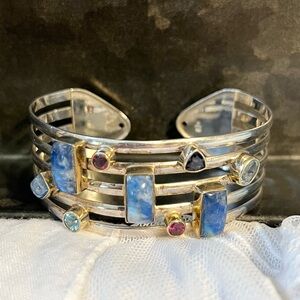 Sterling Silver Gold Cuff Bracelet Moonstone Lolite Rhodolite Garnet Topaz Agate